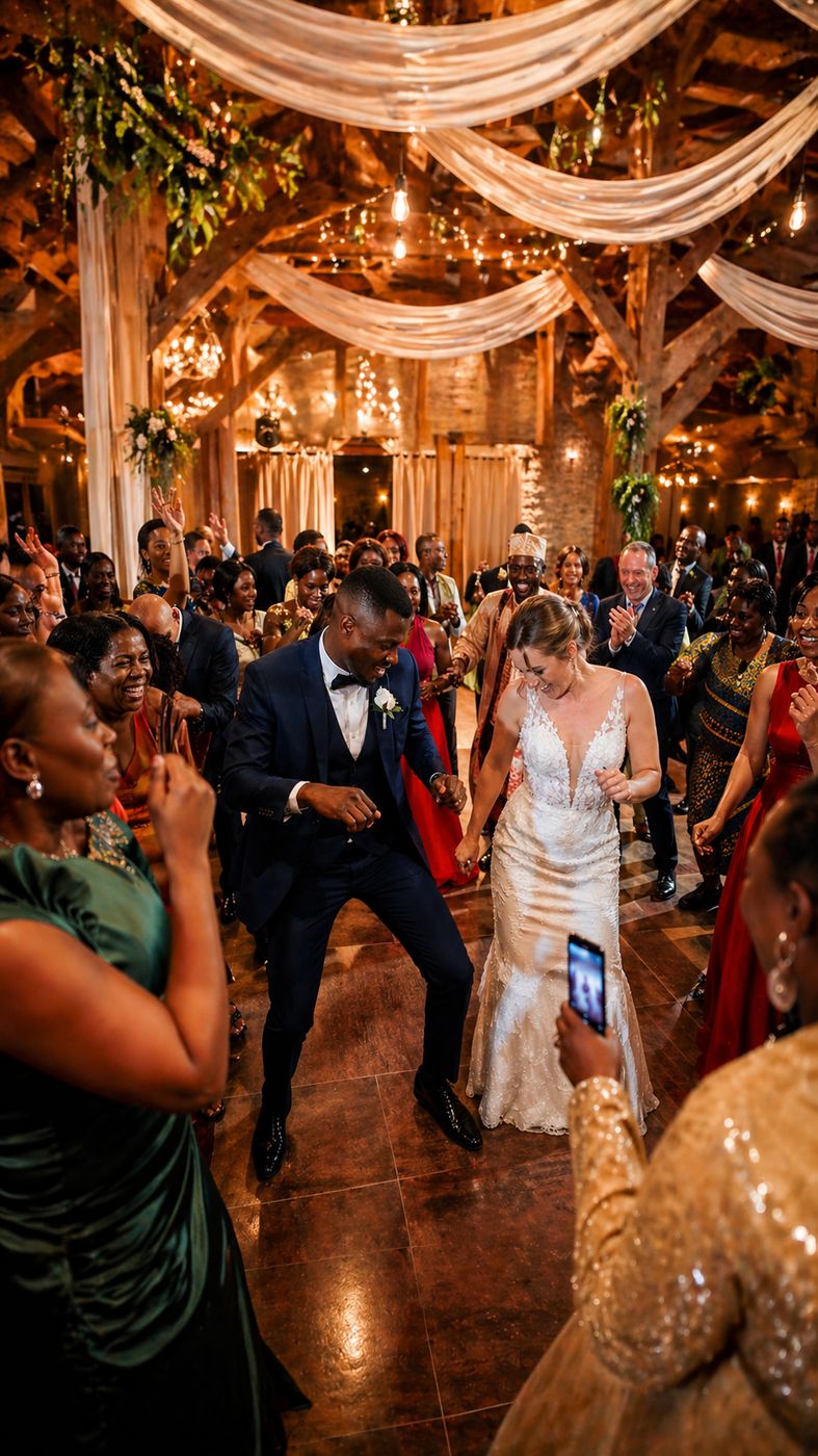 Piste de danse animée : les mariés et leurs invités, de toutes générations, dansent dans une salle décorée.